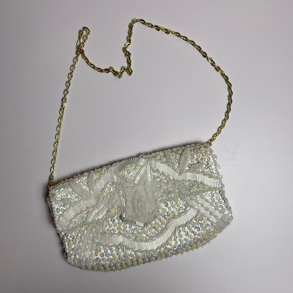 Vintage White Beaded Sequin Clutch/Crossbody Hand Made in Hong Kong - Picture 6 of 8